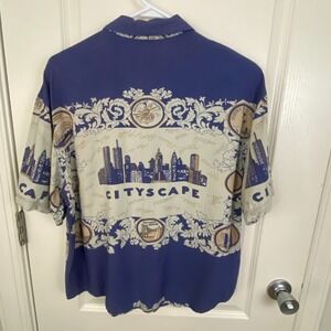 Vintage Bill Blass Shirt Womens L Blue New York Cityscape Skyline Twin Towers